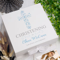 ukgiftstoreonline Personalised Christening Blue Ornate Cross Design Keepsake Memory Box