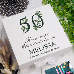 Personalised 50th Birthday Green Leaf Design Keepsake Memory Gift Box.