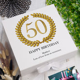 Personalised 50th Birthday Gift for him Keepsake Memory Box Gold Wreath Design