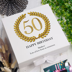 Personalised 50th Birthday Gift for him Keepsake Memory Box Gold Wreath Design