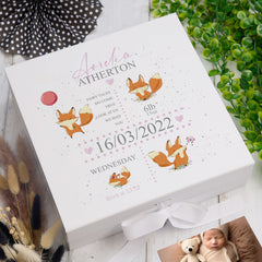 Personalised Baby Girl Memory Box Gift With Ribbon Cute Foxes and Birth