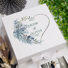Personalised Wedding Box With Blue Tropical Heart and Ribbon Closure