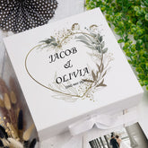 Personalised Wedding Box With Silver Green Leaf Heart and Ribbon