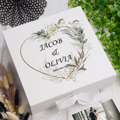 Personalised Wedding Box With Silver Green Leaf Heart and Ribbon