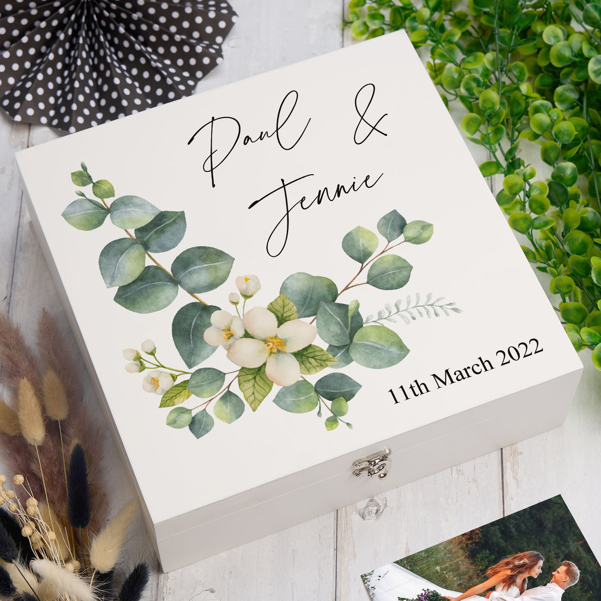 ukgiftstoreonline Personalised Wedding Keepsake Memory Box Gift Eucalyptus Design Keepsake Memory Box ukgiftstoreonline