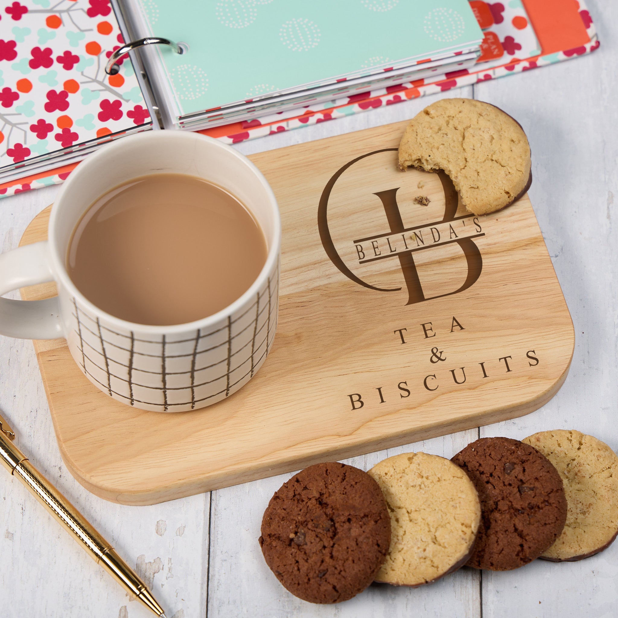 Personalised Wooden Tea, Coffee & Biscuit Serving Board With Name and Stylish Initial ukgiftstoreonline
