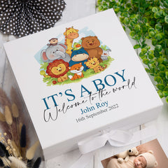 Personalised Baby Boy Cute Jungle animal Themed Keepsake Box Gift