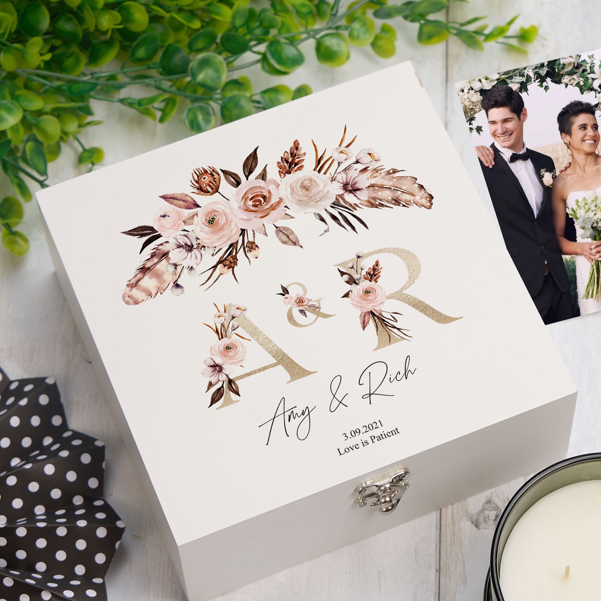 ukgiftstoreonline Personalised Boho Style Golden Text Wedding Keepsake Memory Box Gift Keepsake Memory Box ukgiftstoreonline Wood Box Medium
