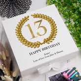 Personalised 13th Birthday Gift for him Keepsake Memory Box Gold Wreath Design