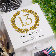 Personalised 13th Birthday Gift for him Keepsake Memory Box Gold Wreath Design
