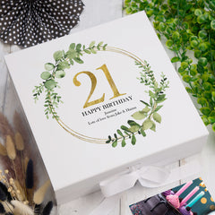 Personalised 21st Birthday Gift for her Keepsake Memory Box Gold Wreath Design