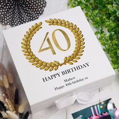Personalised 40th Birthday Gift for him Keepsake Memory Box Gold Wreath Design