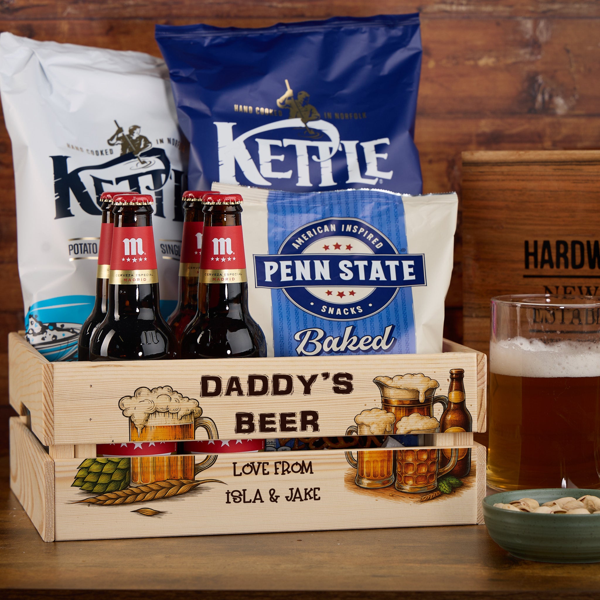 Personalised Beer Bar Treat Hamper Wooden Crate Gift For Him storage crate ukgiftstoreonline