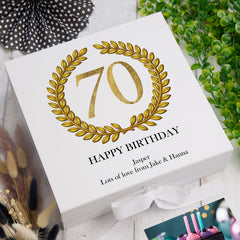 Personalised 70th Birthday Gift for him Keepsake Memory Box Gold Wreath Design