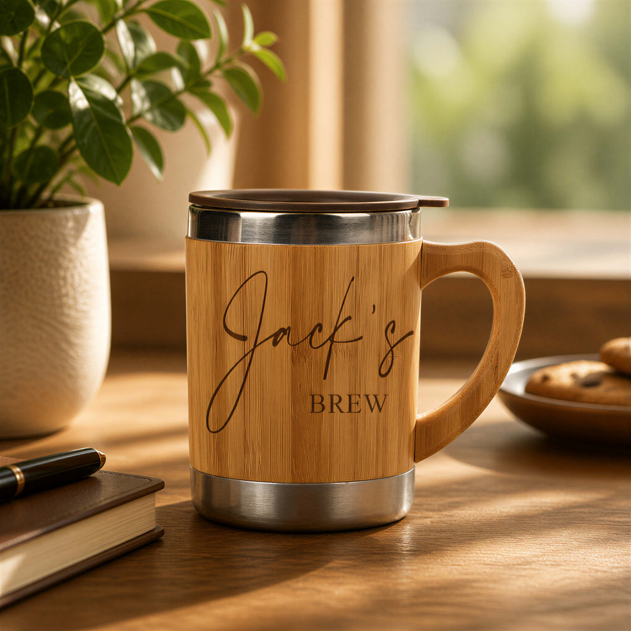 A wooden mug with the text "Jack's BREW" engraved on it, placed on a wooden surface next to a book and a plant.
