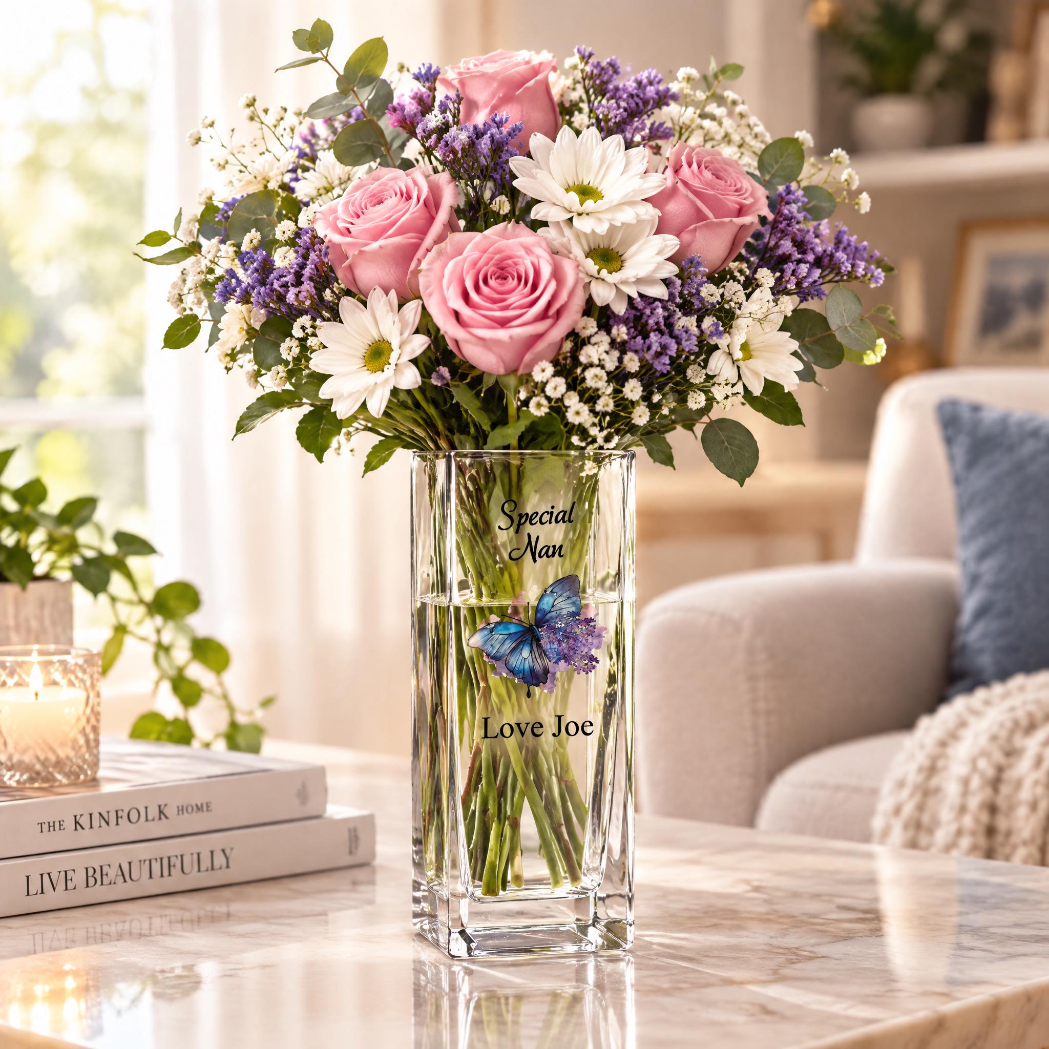 A glass vase filled with pink roses, white daisies, and purple flowers sits on a marble table, with a candle and a stack of books nearby.