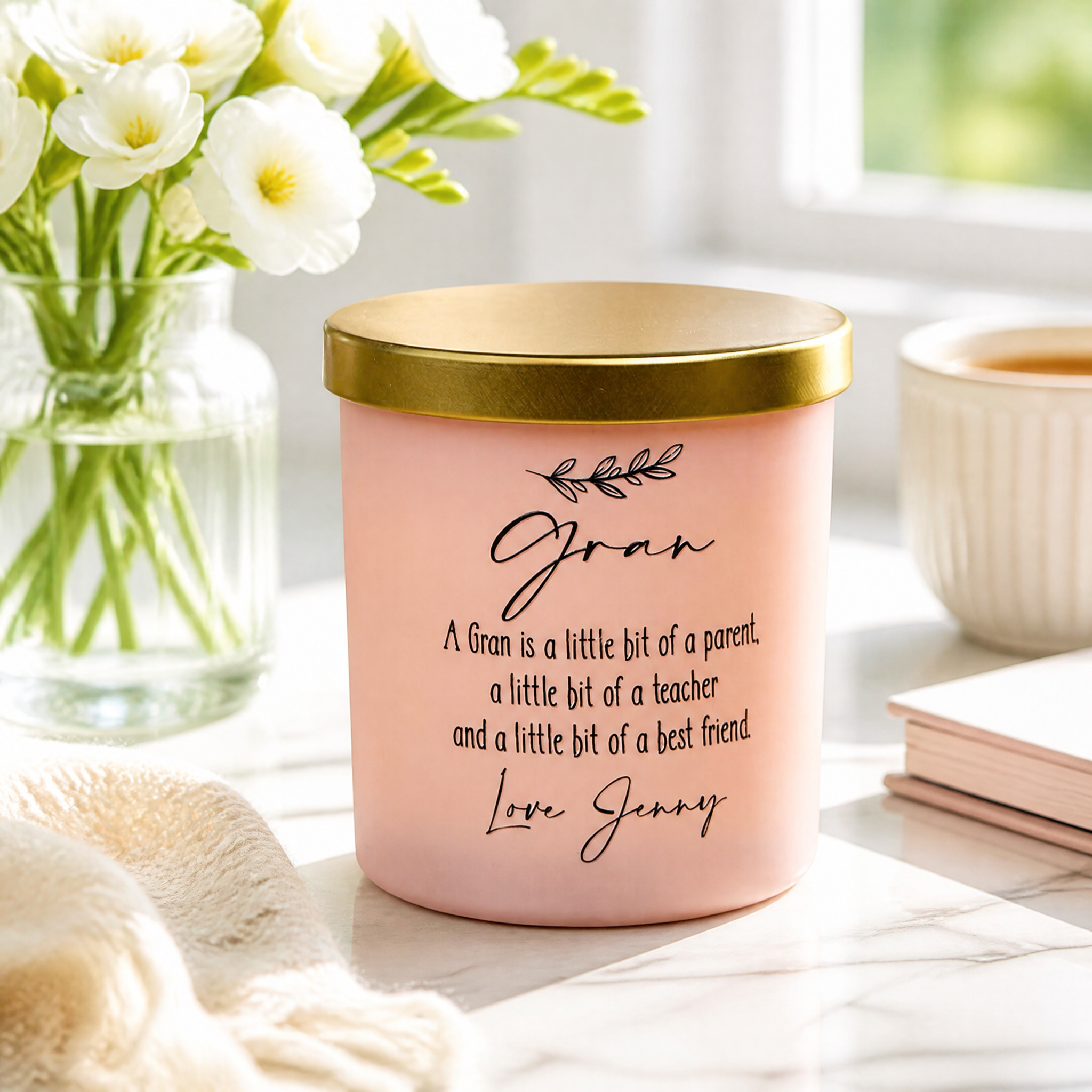 Personalised Jar Candle, Pink Frosted Glass Sentiment Gift For Gran personalised Candle Lights ukgiftstoreonline