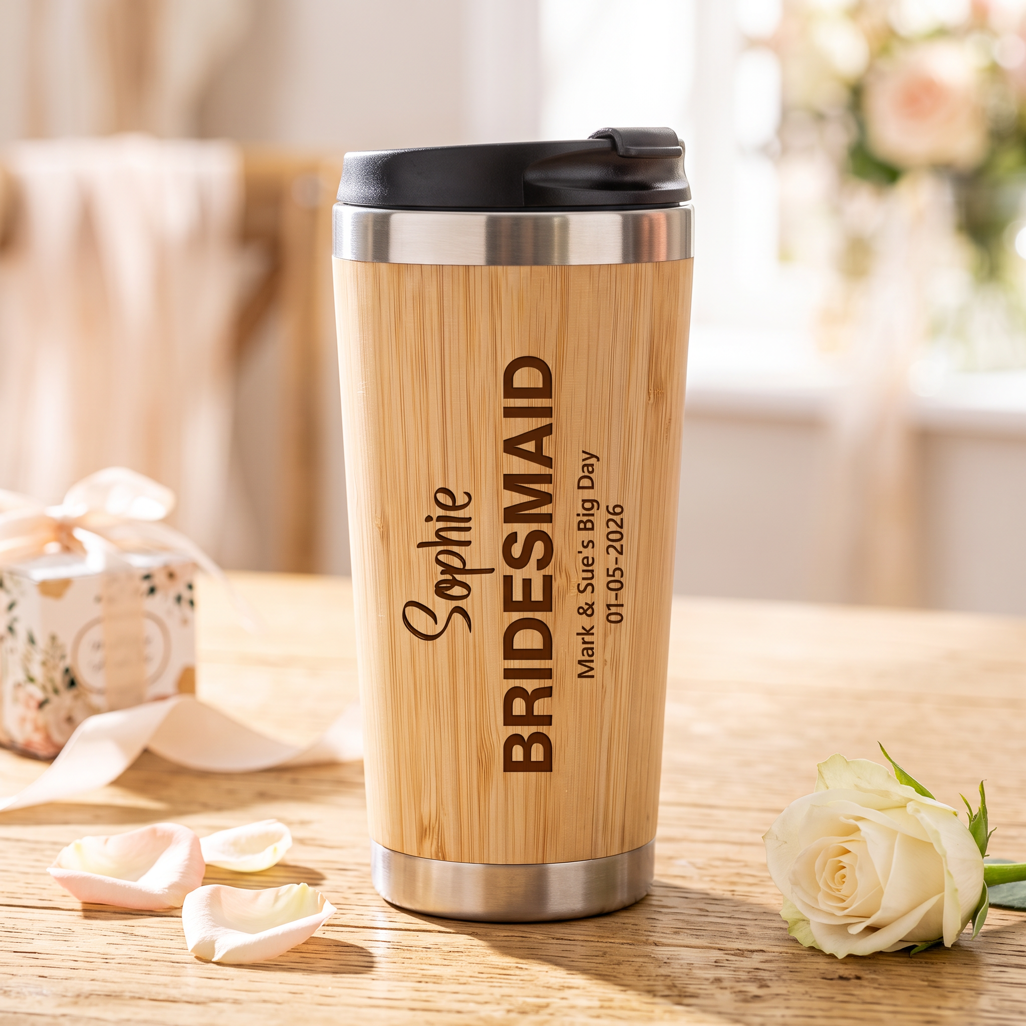 Personalised Bamboo Travel Mug Wedding Favour Gift Bridesmaid Maid Honour Personalised Mugs ukgiftstoreonline