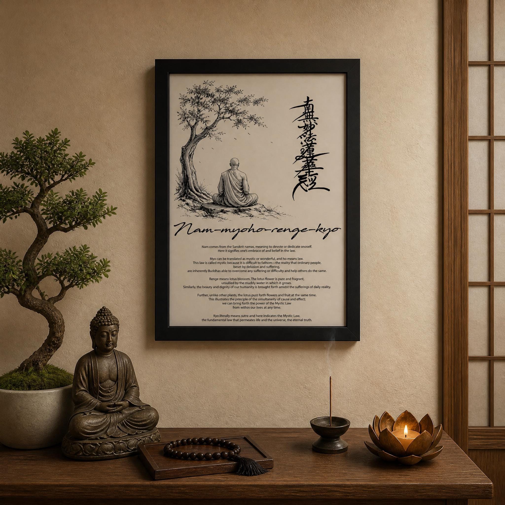 a serene and tranquil setting with a framed quote about the Buddha's teachings, a Buddha statue, a potted plant, and a lotus flower.