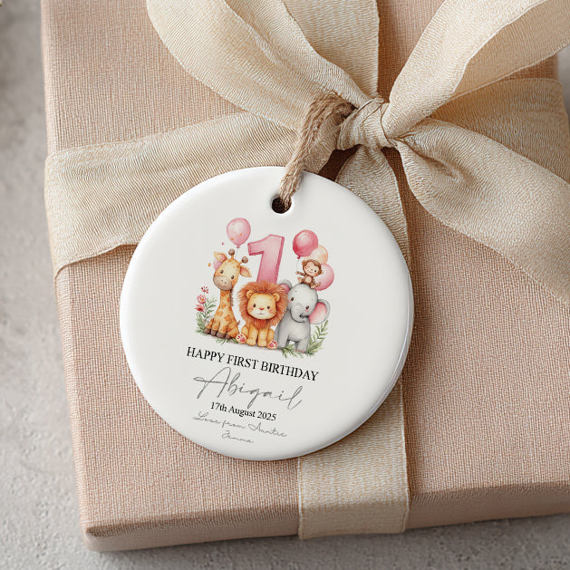 Personalised First Birthday Ornament Keepsake Gift With Safari Animals Personalised Heart Gifts ukgiftstoreonline Design 3