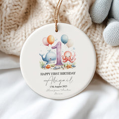 Personalised First Birthday Ornament Keepsake Gift With Sea Mammals Personalised Heart Gifts ukgiftstoreonline Design 3