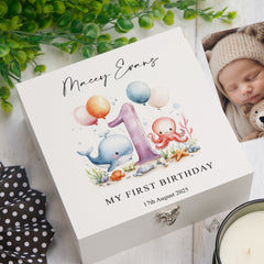 Personalised 1st Birthday Keepsake Memory Box Gift With Sea Mammals