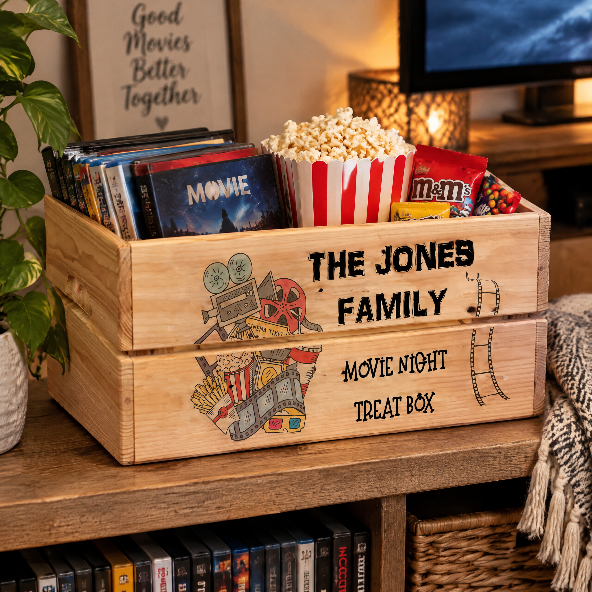Personalised Family Movie Night Treat Wooden Crate Gift storage crate ukgiftstoreonline