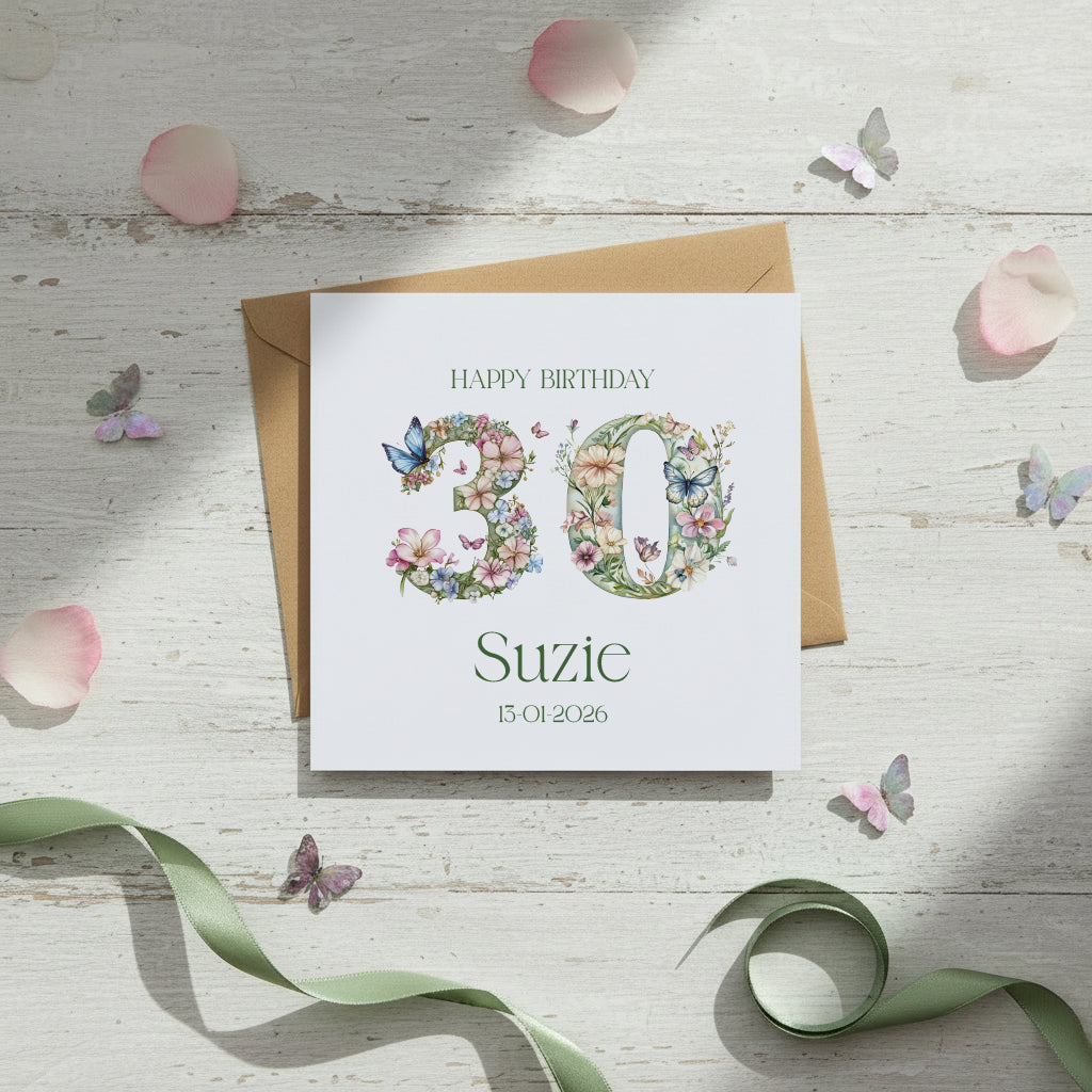Personalised Luxury Linen 30th Birthday Card, Daughter, Sister Niece Friend, Thirtieth Birthday, Gift Floral Numbers Personalised Cards ukgiftstoreonline
