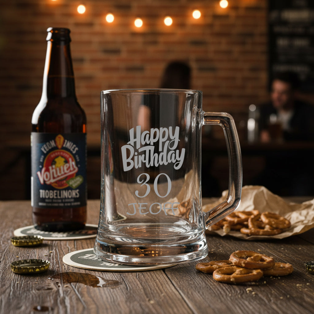 Personalised Engraved Tankard Beer Mug Stein With Happy Birthday Any Age Gift Boxed, 500ml Classic Beer Glass, Any Name personalised beer glasses ukgiftstoreonline 30th Birthday