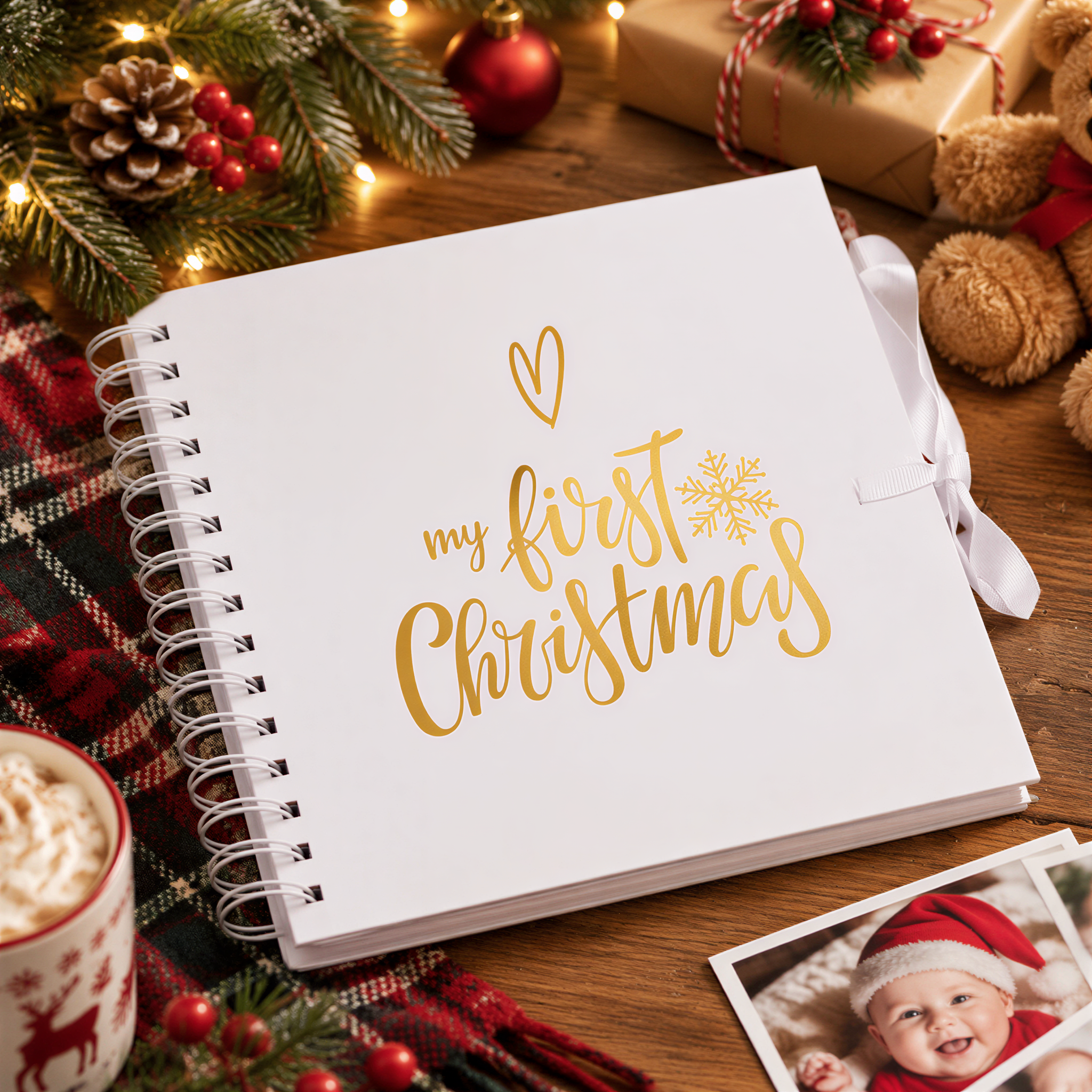 My First Christmas White Scrapbook Photo Album Keepsake Gold Print personalised photo album ukgiftstoreonline