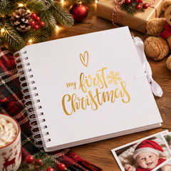 My First Christmas White Scrapbook Photo Album Keepsake Gold Print personalised photo album ukgiftstoreonline