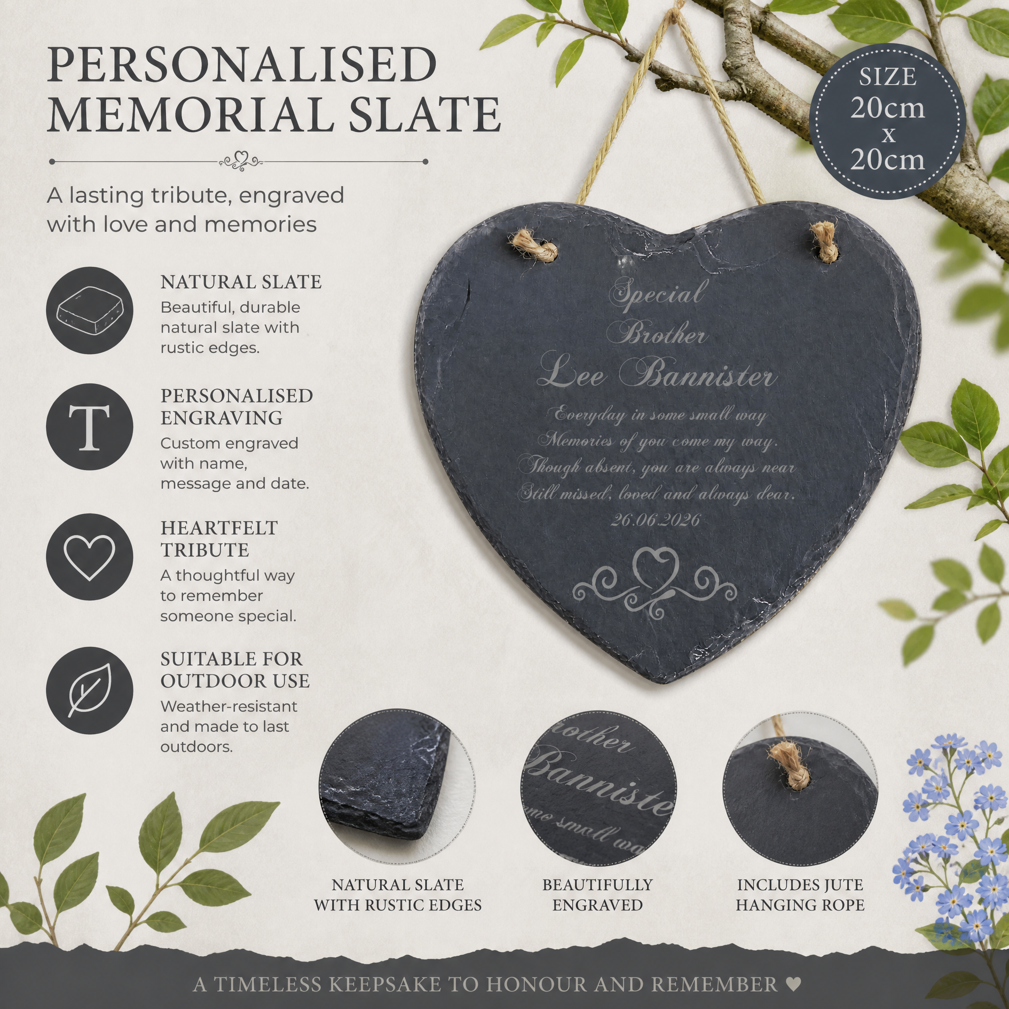 Brother Memorial Plaque, Personalised Slate, 20Cm Heart Honor Personalised Heart Gifts ukgiftstoreonline