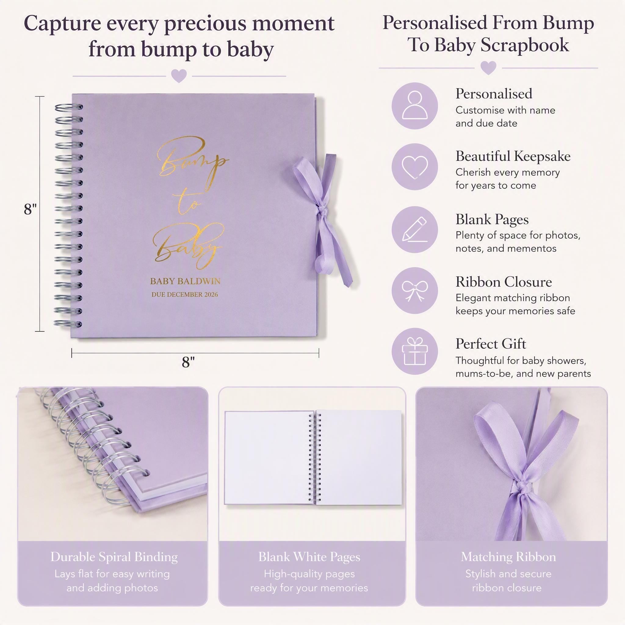 The image is a promotional image for a baby scrapbook, featuring a detailed view of the scrapbook, its features, and its design.