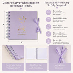 The image is a promotional image for a baby scrapbook, featuring a detailed view of the scrapbook, its features, and its design.