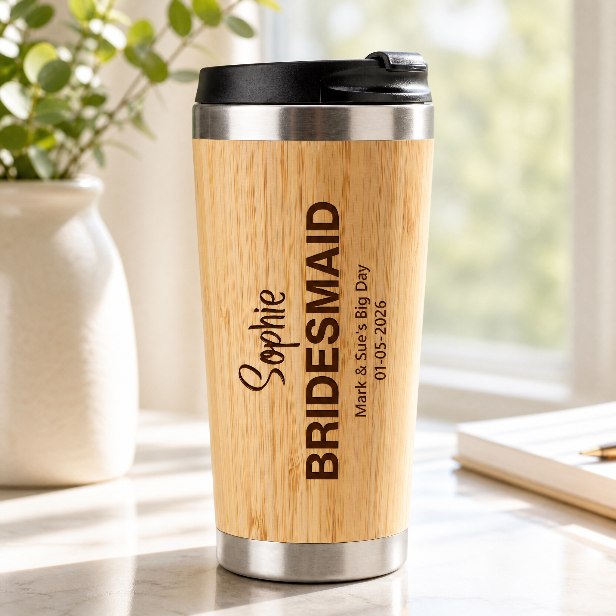 Personalised Bamboo Travel Mug Wedding Favour Gift Bridesmaid Maid Honour Personalised Mugs ukgiftstoreonline