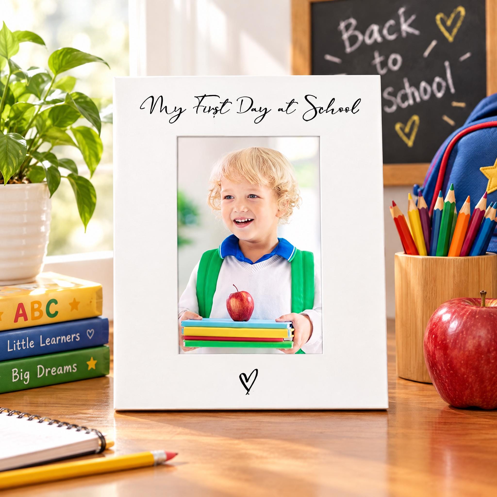 A white picture frame with a smiling child holding a stack of books, surrounded by school supplies and a chalkboard with the text "Back to School" written on it.