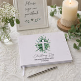 Personalised Christening Guest Book Eucalyptus and Cross Guest Book ukgiftstoreonline