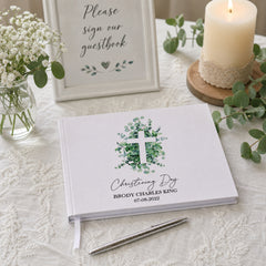 Personalised Christening Guest Book Eucalyptus and Cross Guest Book ukgiftstoreonline
