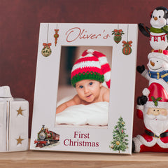 Personalised My First Christmas White Photo Frame With Locomotives