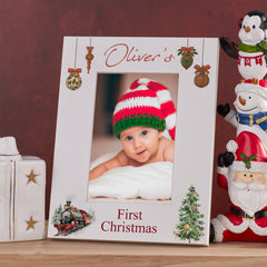 Personalised My First Christmas White Photo Frame With Locomotives