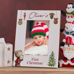 Personalised My First Christmas White Photo Frame With Cute Elves