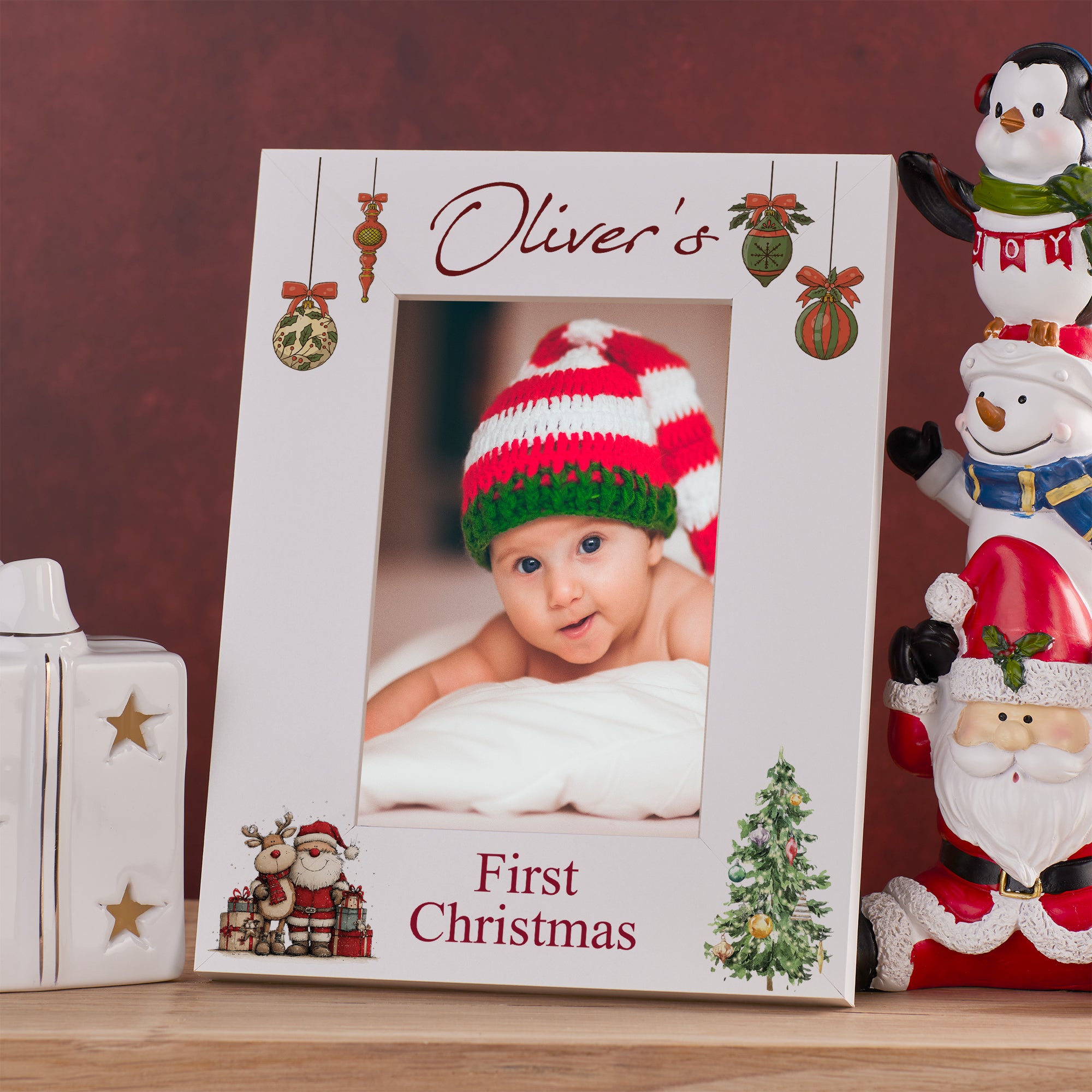 Personalised My First Christmas White Photo Frame With Santa and Reindeer Photo Frame ukgiftstoreonline Santa and Reindeer 1 Portrait