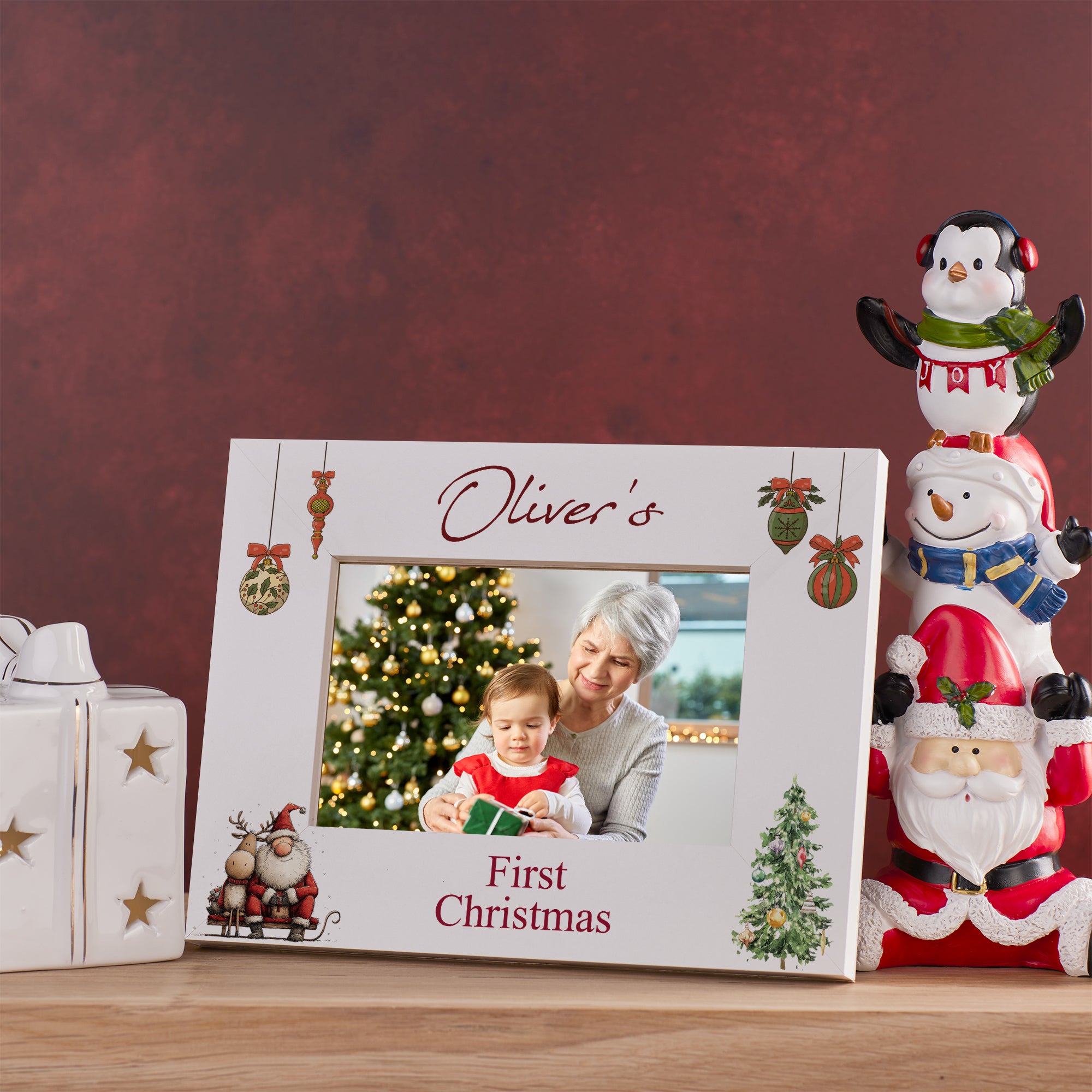 Personalised My First Christmas White Photo Frame With Santa and Reindeer Photo Frame ukgiftstoreonline Santa and Reindeer 2 Landscape