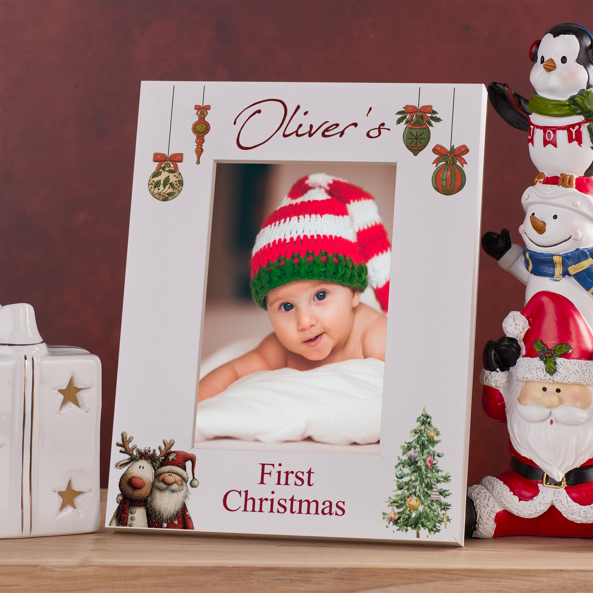 Personalised My First Christmas White Photo Frame With Santa and Reindeer Photo Frame ukgiftstoreonline Santa and Reindeer 3 Portrait