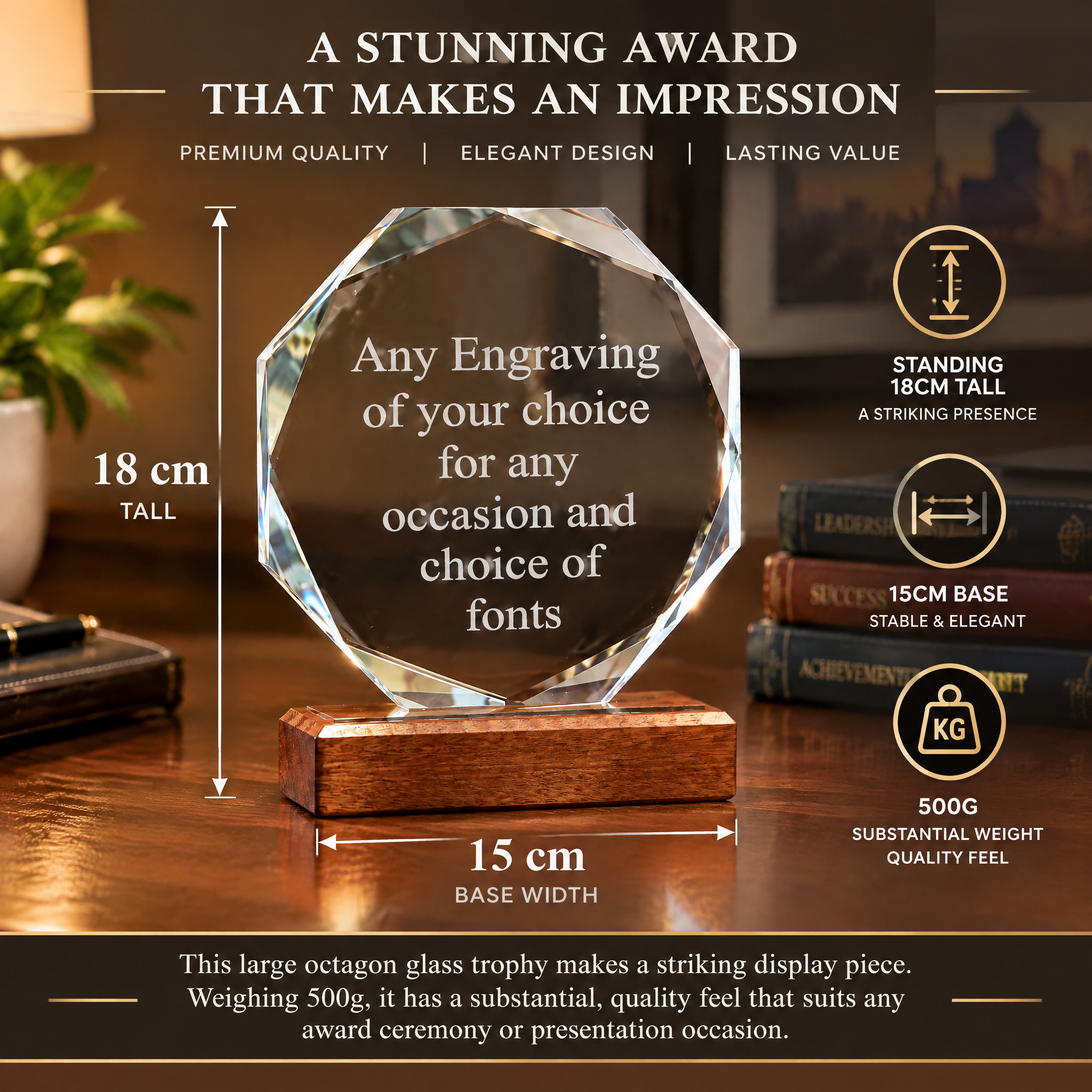 Personalised Engraved Trophy, Octagon Glass Wood Base Award Plaque Jade Glass ukgiftstoreonline
