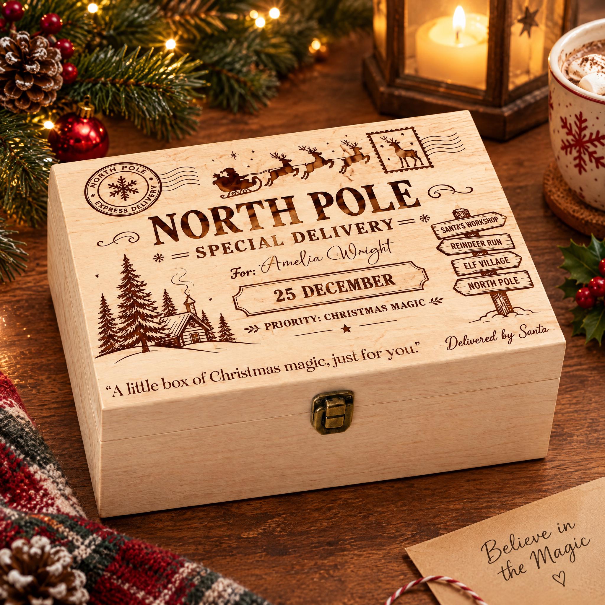 A wooden box with a Christmas-themed design, featuring a Santa Claus sleigh, pine trees, and holiday decorations, sits on a wooden surface.