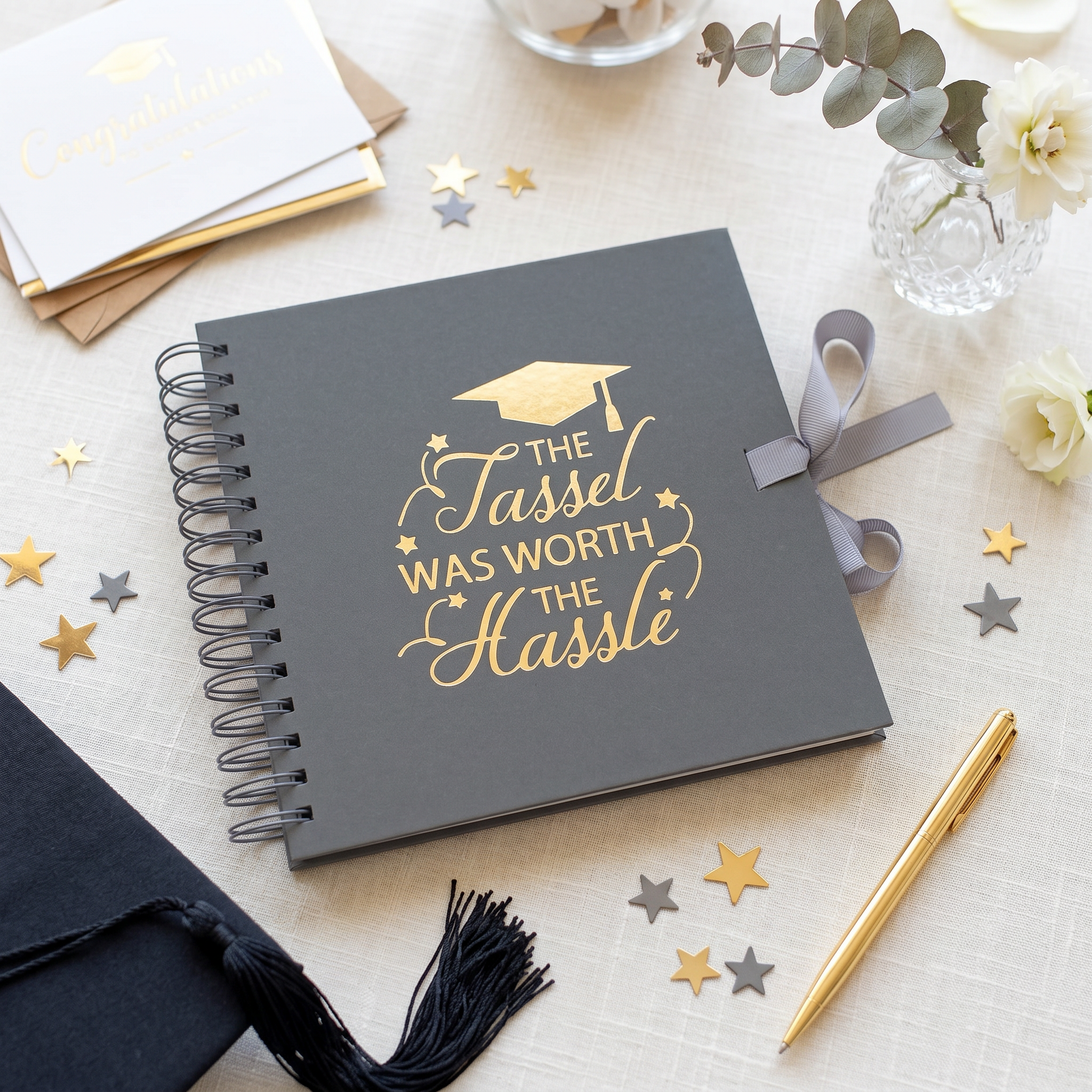 Graduation Memories With Tassel Grey Guest Book or Scrapbook Album Gold Print ukgiftstoreonline