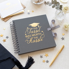 Graduation Memories With Tassel Grey Guest Book or Scrapbook Album Gold Print ukgiftstoreonline