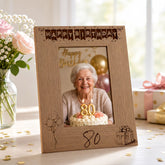 80th Birthday Photo Frame Portrait Wooden Engraved Bunting Style Gift Birthday Photo Frame ukgiftstoreonline