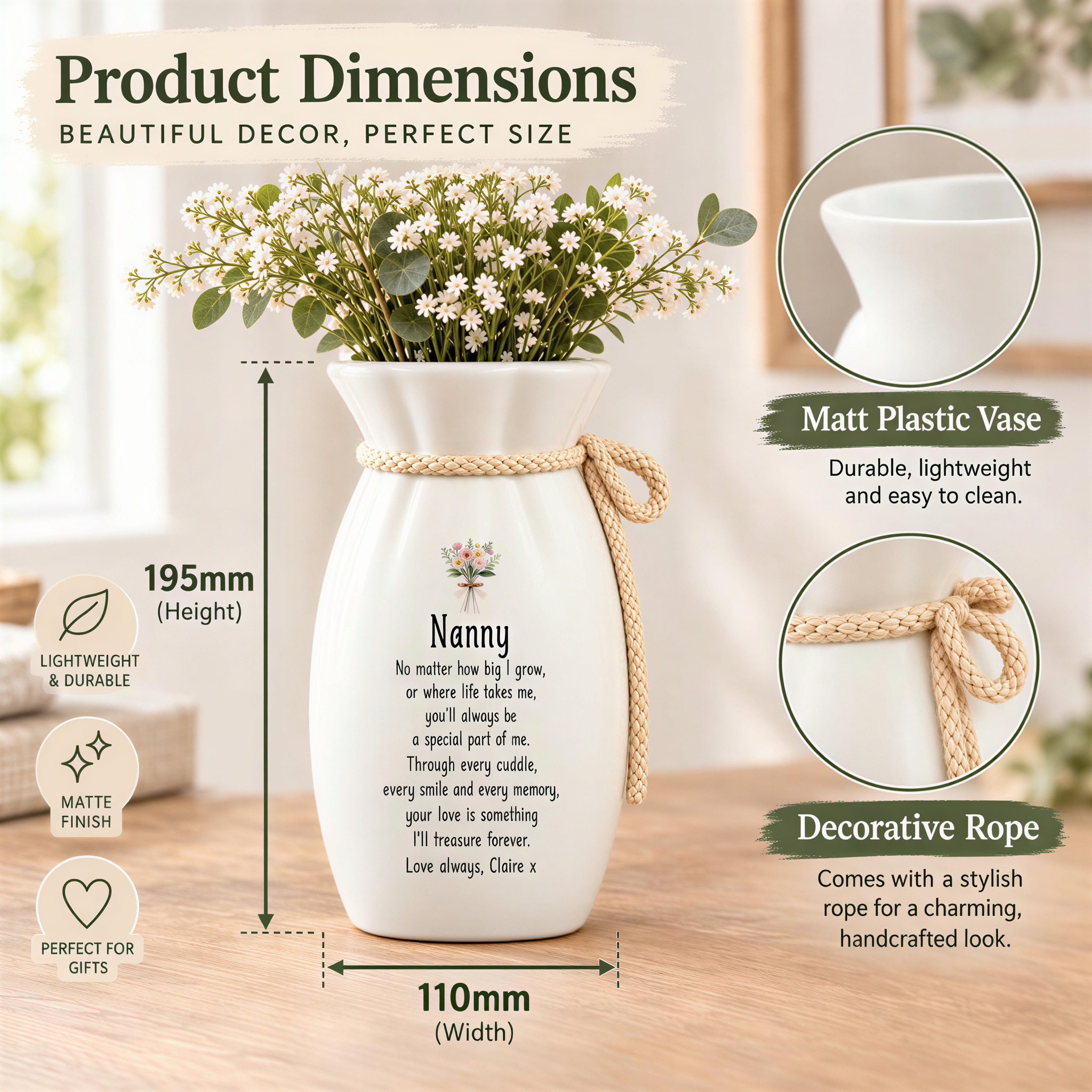 The image is a product dimensions advertisement for a decorative vase. It features a vase with a bouquet of white flowers, a Matt Plastic Vase, and a Matt Plastic Vase. The vase is described as having a perfect size, lightweight, and durable. The vase is also described as having a charming and handcrafted look. The image includes a diagram of the vase, providing measurements and details about its features.